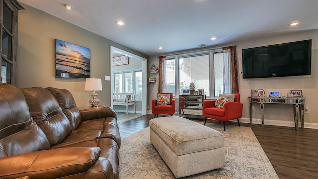 living room with dark hardwood / wood-style flooring