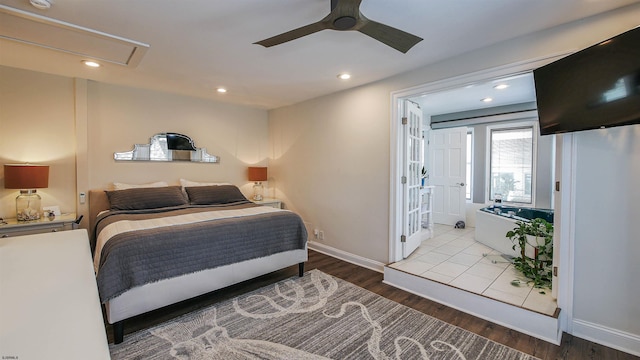 bedroom featuring ceiling fan and light hardwood / wood-style flooring