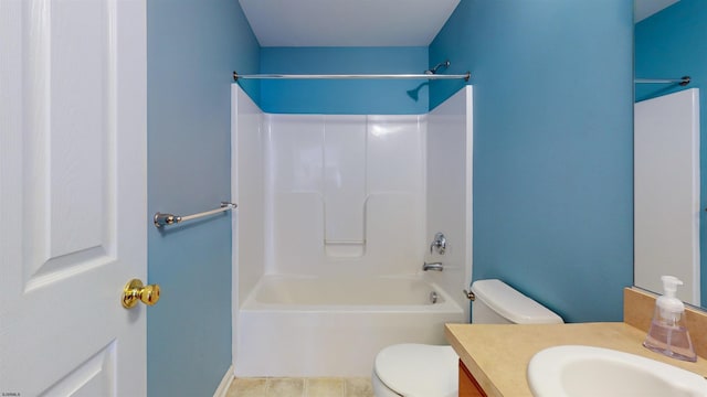 full bathroom featuring vanity, tile patterned flooring, bathing tub / shower combination, and toilet