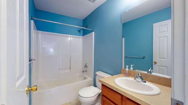 full bathroom with shower / bathtub combination, vanity, and toilet