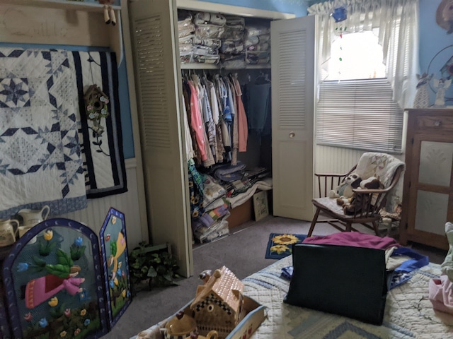 carpeted bedroom with a closet