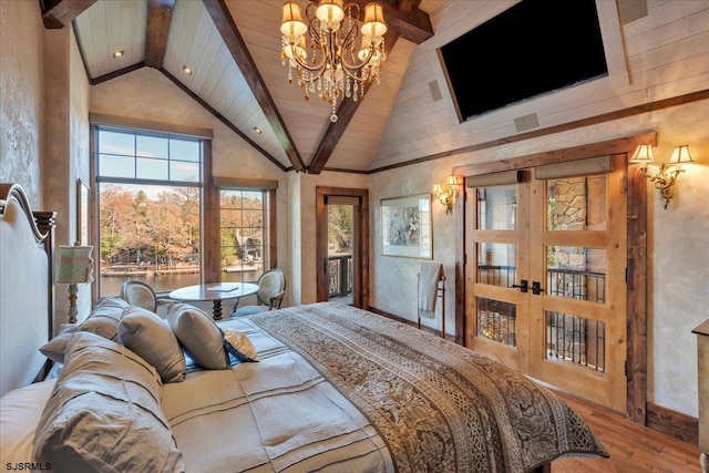 bedroom featuring french doors, wood ceiling, wood-type flooring, a chandelier, and high vaulted ceiling