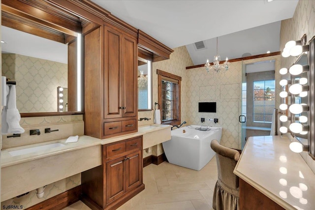 bathroom with vaulted ceiling, plus walk in shower, tile patterned flooring, vanity, and a notable chandelier