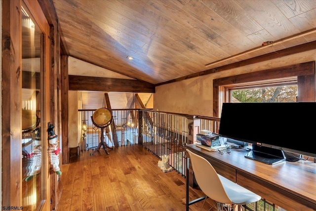 home office with lofted ceiling, hardwood / wood-style floors, and wood ceiling