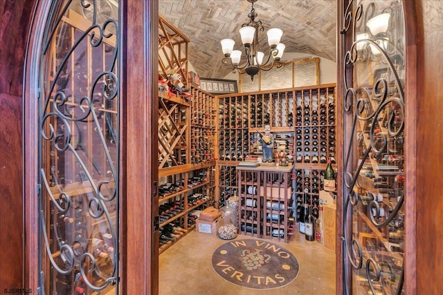 wine cellar with brick ceiling and an inviting chandelier