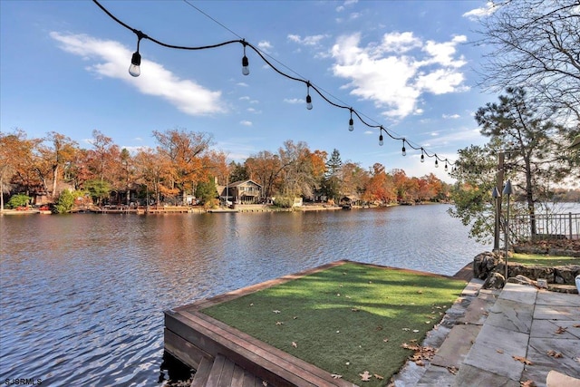 dock area with a water view and a yard