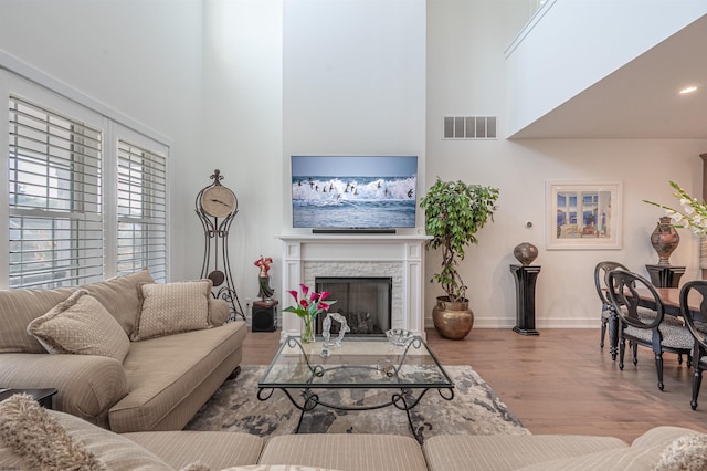 living room featuring a fireplace and light hardwood / wood-style flooring