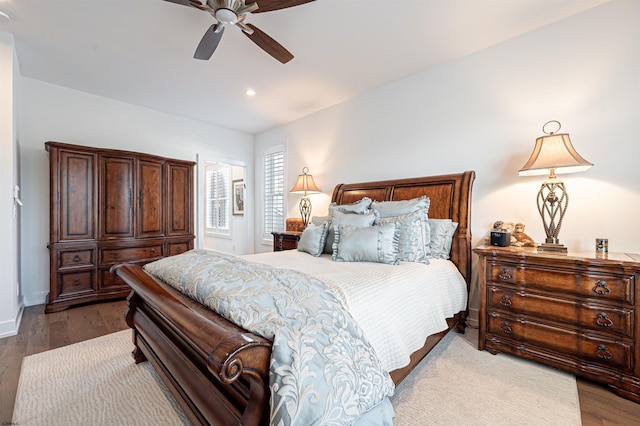 bedroom featuring ceiling fan and light wood-type flooring