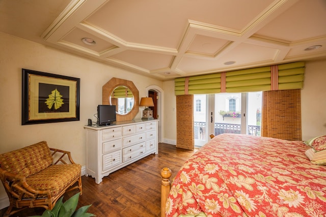 bedroom with coffered ceiling, access to exterior, and dark wood-type flooring