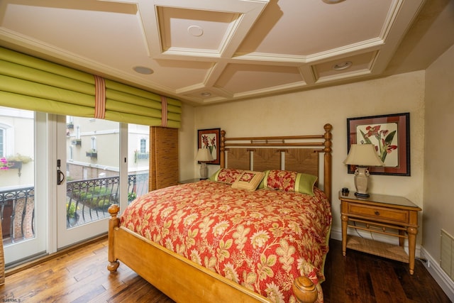 bedroom featuring multiple windows, wood-type flooring, coffered ceiling, and access to exterior