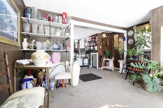 interior space featuring carpet floors and wood walls