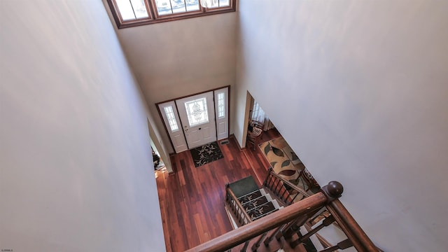 entryway with dark wood-type flooring and a high ceiling