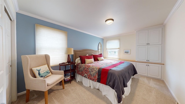 carpeted bedroom with crown molding and a closet