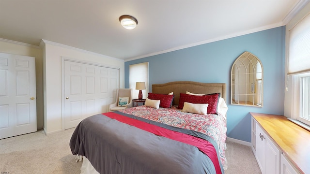 bedroom featuring crown molding, light colored carpet, multiple windows, and a closet