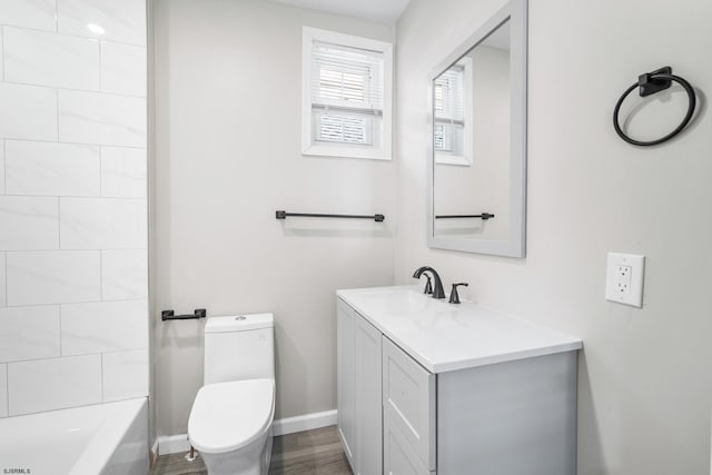 bathroom with vanity, wood-type flooring, and toilet