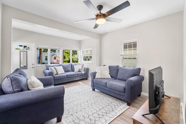 living room with hardwood / wood-style flooring and ceiling fan