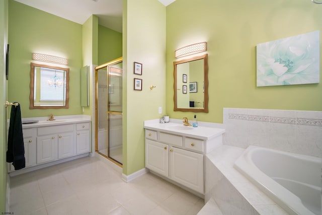 bathroom featuring vanity, separate shower and tub, and tile patterned flooring