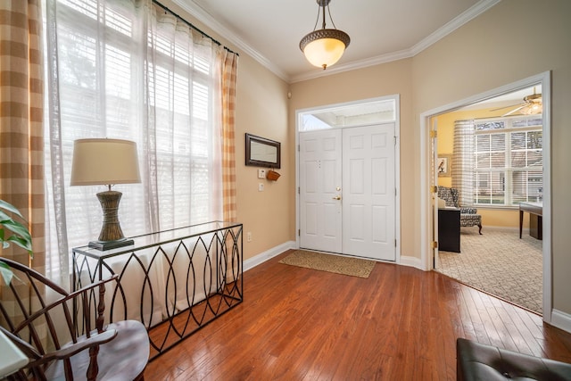 foyer entrance with crown molding and wood-type flooring