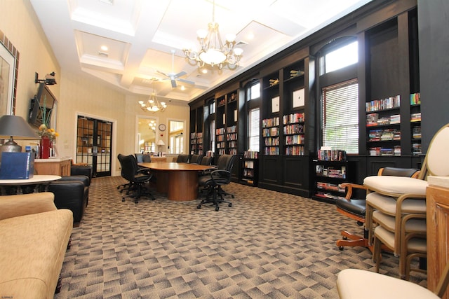 office area with beamed ceiling, carpet, coffered ceiling, and an inviting chandelier