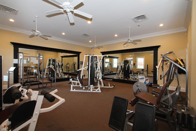 gym featuring crown molding and ceiling fan