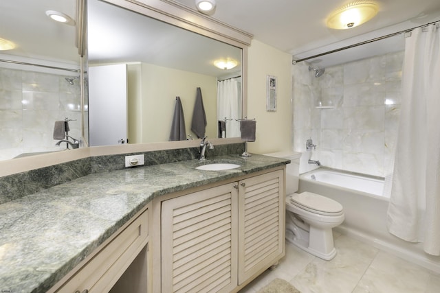 full bathroom featuring vanity, shower / bath combination with curtain, and toilet