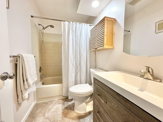 full bathroom featuring vanity, shower / bathtub combination with curtain, and toilet