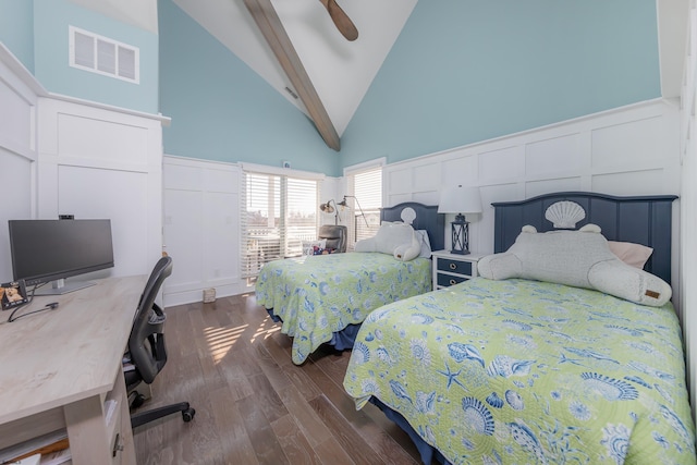 bedroom with high vaulted ceiling, dark wood-type flooring, and ceiling fan