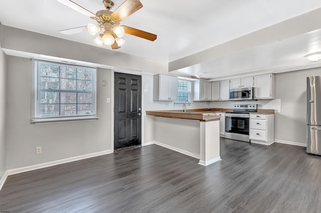 kitchen with white cabinetry, stainless steel appliances, kitchen peninsula, and butcher block counters