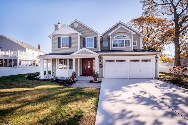 view of front of property with a porch, a garage, and a front lawn