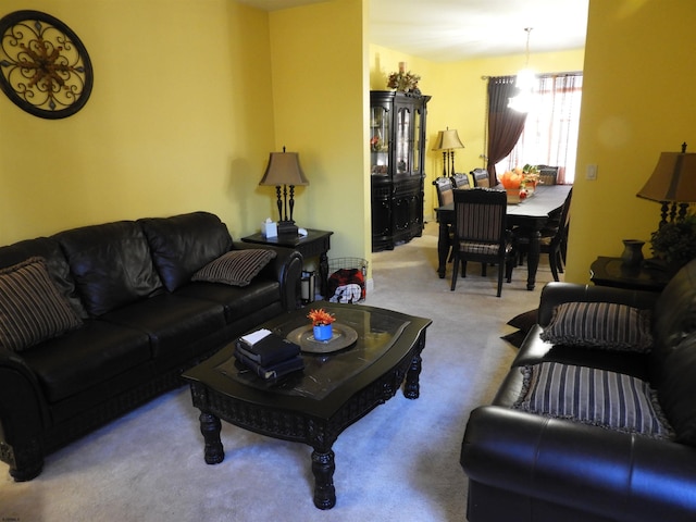 living room with light colored carpet