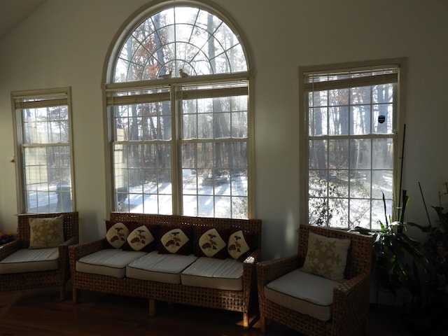 sitting room with vaulted ceiling and wood-type flooring