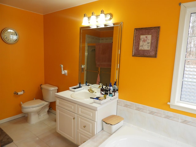 full bathroom featuring tile patterned flooring, vanity, toilet, and separate shower and tub