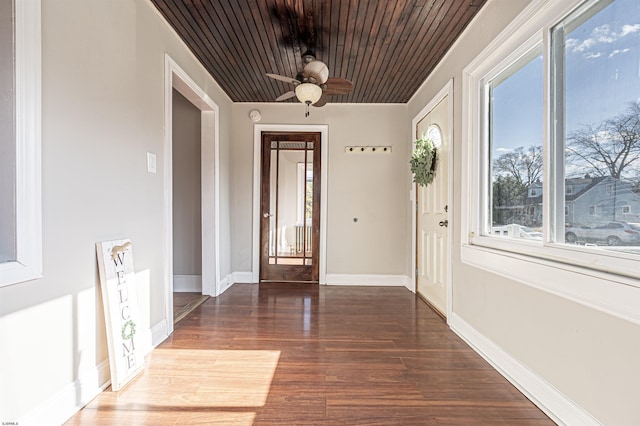 interior space with ceiling fan, dark hardwood / wood-style floors, and wooden ceiling