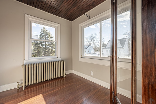 spare room with dark wood-type flooring, radiator heating unit, and wooden ceiling