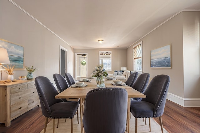 dining space featuring crown molding and dark hardwood / wood-style flooring