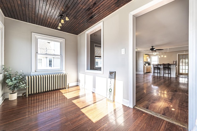 spare room with dark wood-type flooring, radiator heating unit, wooden ceiling, and plenty of natural light