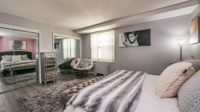 bedroom with radiator, two closets, and dark wood-type flooring