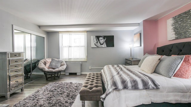 bedroom with hardwood / wood-style floors and a closet