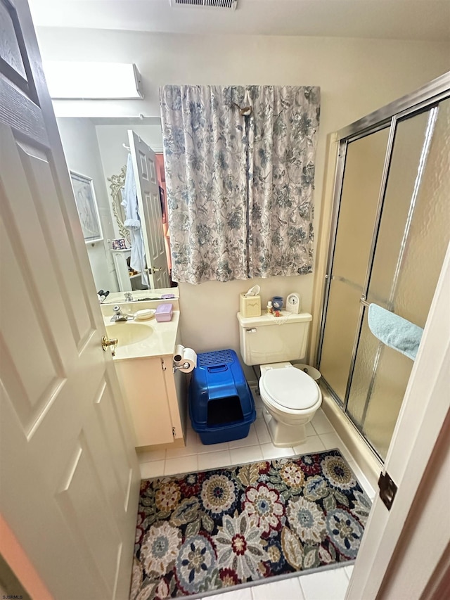 bathroom with tile patterned flooring, toilet, visible vents, vanity, and a stall shower