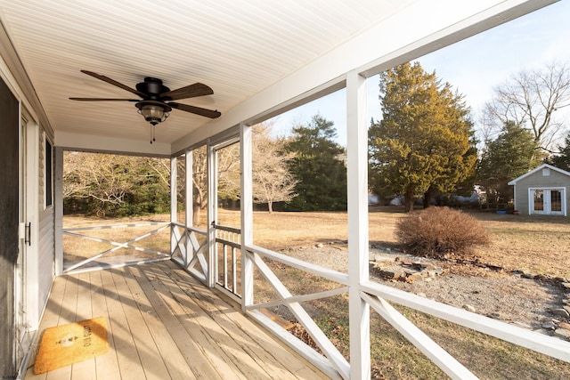 wooden deck with ceiling fan