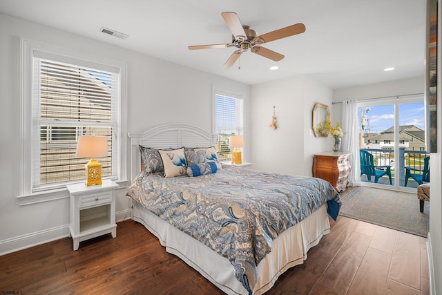 bedroom with ceiling fan, access to exterior, and dark hardwood / wood-style flooring