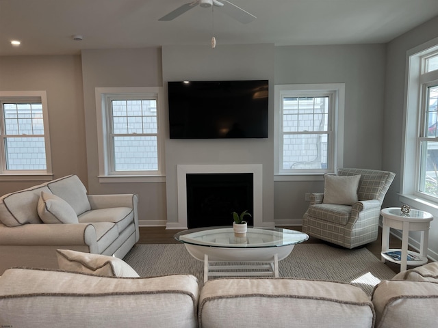 living room with hardwood / wood-style floors, a wealth of natural light, and ceiling fan