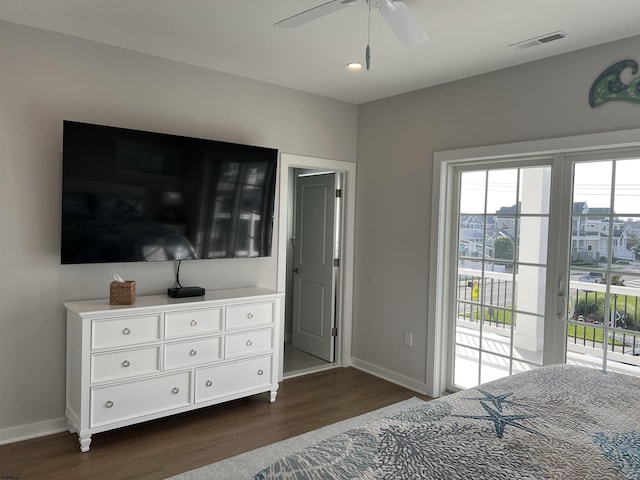 bedroom with ceiling fan, access to exterior, and dark hardwood / wood-style flooring