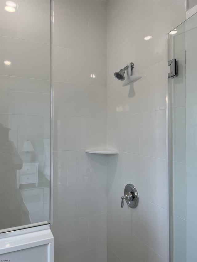 bathroom featuring a shower with shower door