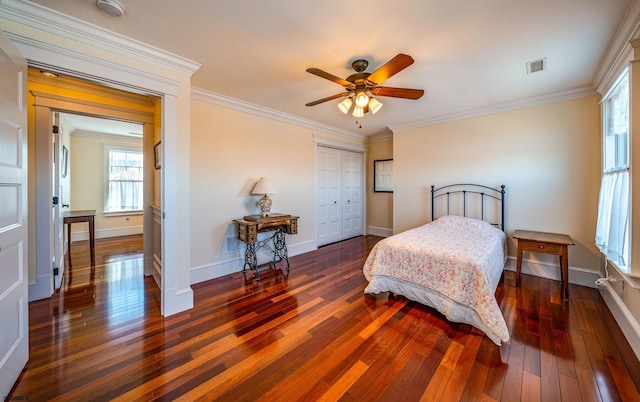 bedroom featuring crown molding, ceiling fan, dark hardwood / wood-style flooring, and a closet