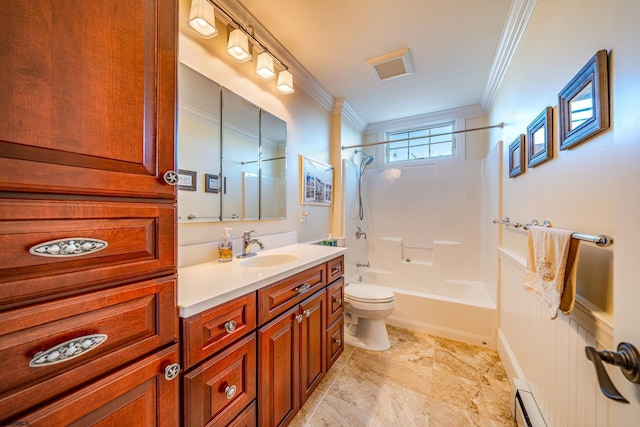 full bathroom with crown molding, vanity, bathtub / shower combination, and toilet