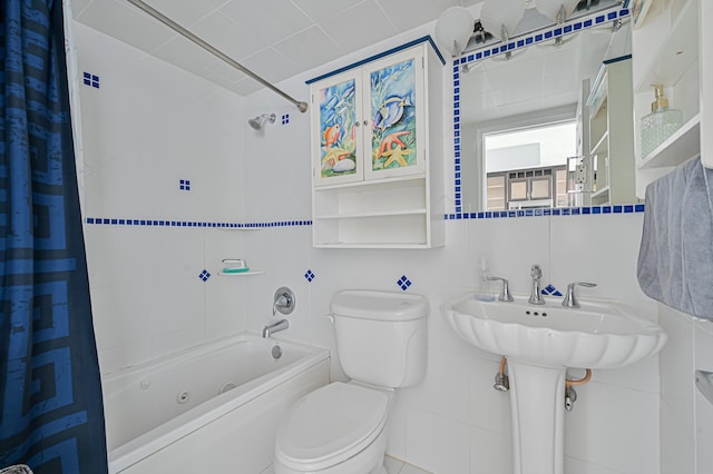 full bathroom with sink, tile walls, tasteful backsplash, shower / bath combination with curtain, and toilet