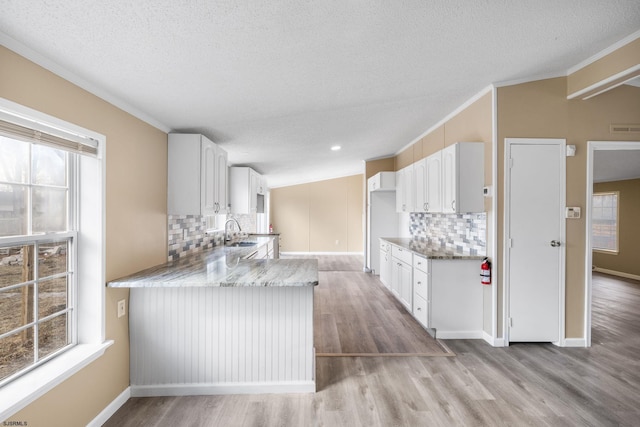 kitchen with sink, crown molding, a wealth of natural light, and white cabinets