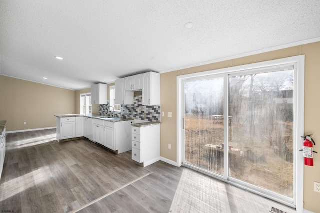 kitchen with sink, wood-type flooring, a textured ceiling, white cabinets, and decorative backsplash