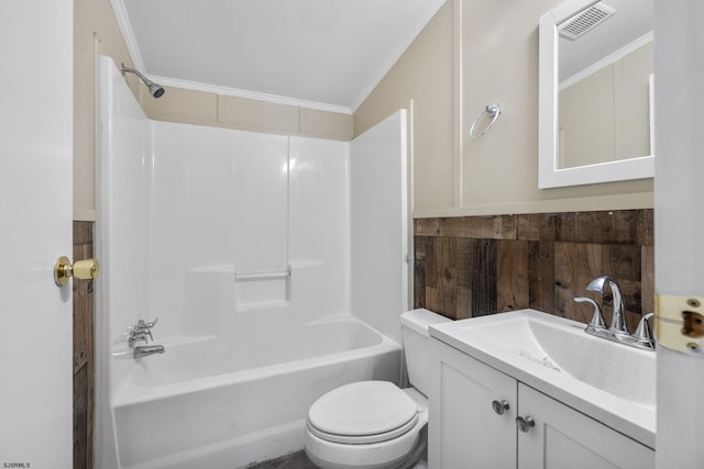 full bathroom with vanity, crown molding, bathing tub / shower combination, and toilet